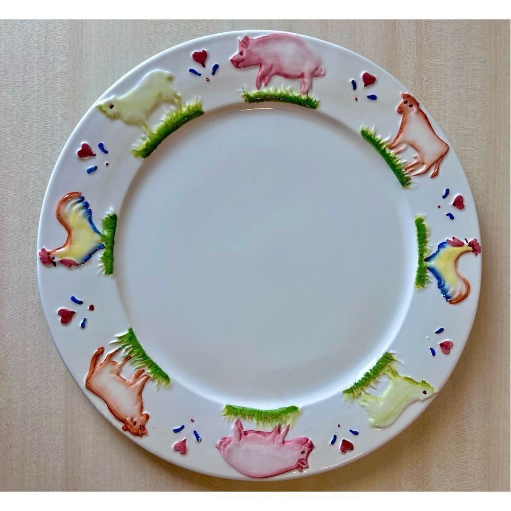Stefani Italy Large Ceramic Plate Charger Farm Animals White Hand Painted Dish